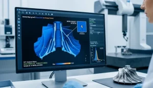 A computer screen displaying a 3D X-ray CT scan cross-section of a metal part, used by engineers for non-destructive volumetric inspection